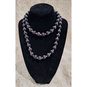 Vintage Artisan 30" Black Silk Beaded Necklace w/Silver-Toned Accents_EUC